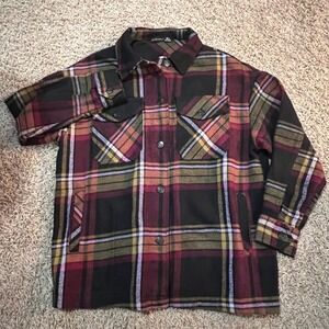 Black Tape Plaid Flannel Shirt Jacket‎ Women's Size S Burgundy Gold Long Sleeve